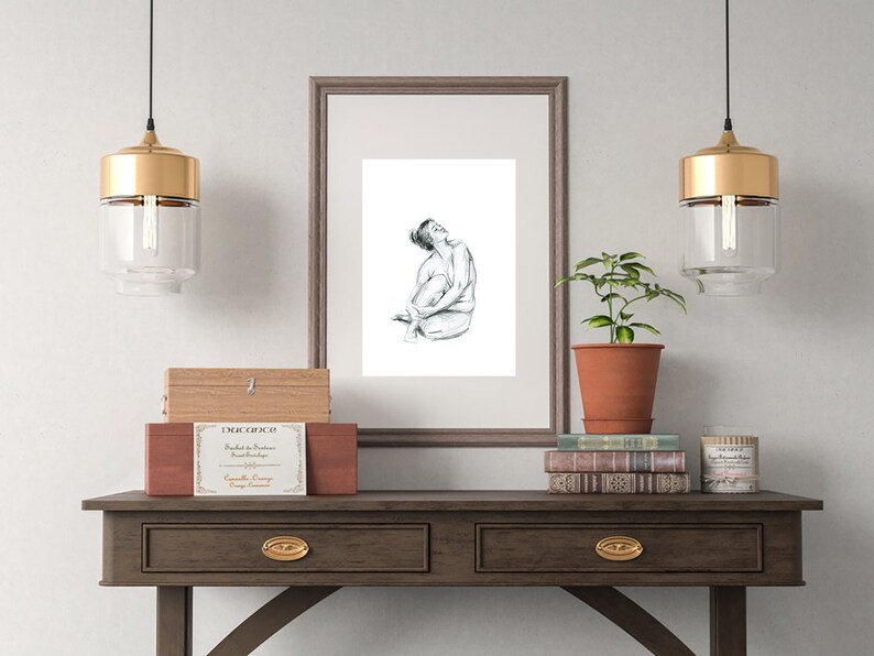 Hand drawn curvy nude female figure drawing print. Tasteful Black and White sketch. Unique Gift for her, boudoir, scandi or country style A3 29x42cm cm