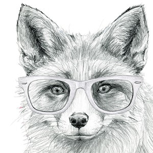 Hand drawn Fox with Glasses portrait drawing print. Black and White pencil sketch. Wild fox lover gift. Nursery, Scandi, Country style decor
