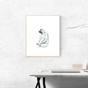 Hand drawn curvy nude female figure drawing print. Tasteful Black and White sketch. Unique Gift for her, boudoir, scandi or country style image 3