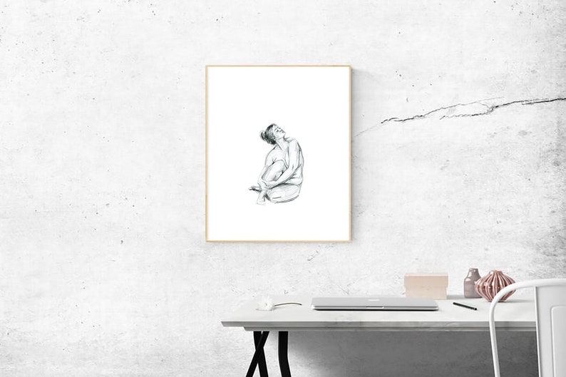 Hand drawn curvy nude female figure drawing print. Tasteful Black and White sketch. Unique Gift for her, boudoir, scandi or country style image 3