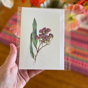 Australian gum blossom flower card. Watercolour pink Australian gum blossoms floral art. Gift tag, unique greeting cards, birthday card