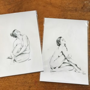 Hand drawn curvy nude female figure drawing print. Tasteful Black and White sketch. Unique Gift for her, boudoir, scandi or country style image 5