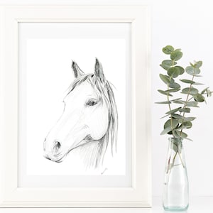 Hand drawn Horse portrait drawing print. Black and White pencil sketch horse lover art. Unique gift for her, scandi or country home decor.