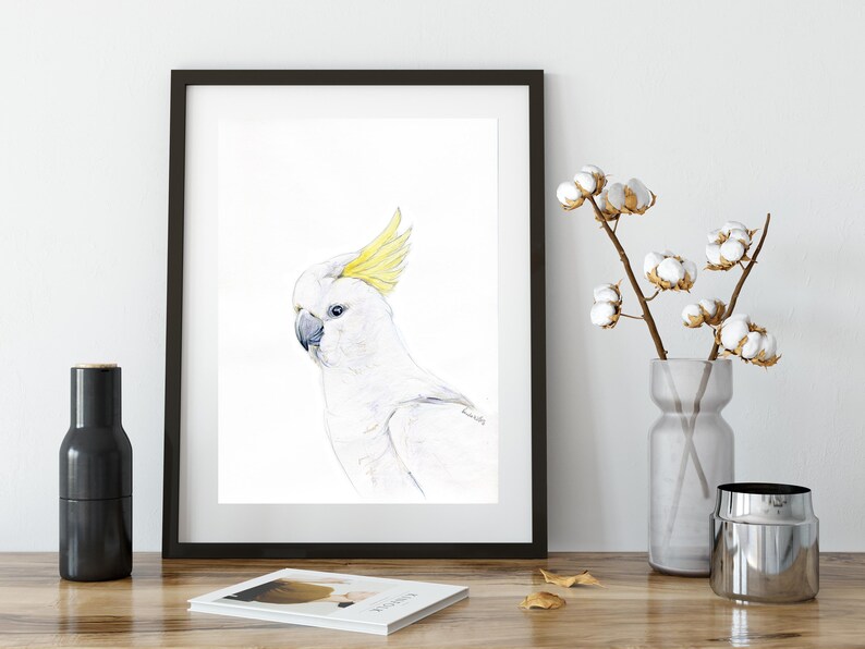 Australian native birds art print set. Cockatoo, pink Galah and Major Mitchell Watercolour pencil artworks. Unique gift, bedroom or wall art image 7