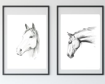 Graphite horse pair drawing art print set 2. Black and white equine pencil sketch duo. Unique gift, suit modern country or minimal decor