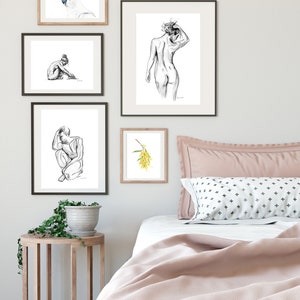 Nude Male and Female Watercolor Art Print Set. Black and White Tasteful