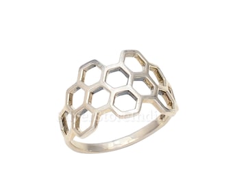Honeycomb Ring, 925 Sterling Silver Ring, Thumb Ring, Midi Ring, Women Ring, Bee Inspired Jewelry, Geometric Ring, Hexagon Shape Band Ring