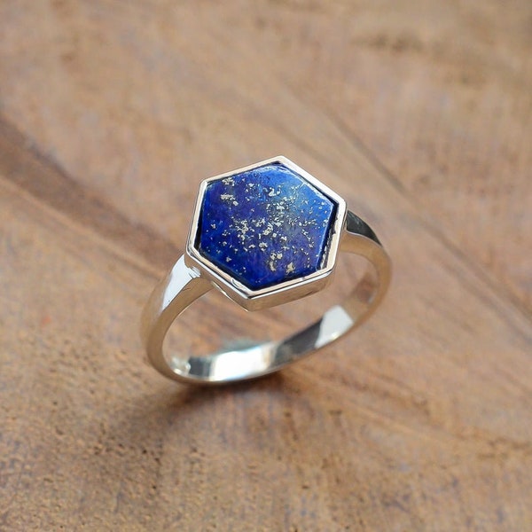 Natural Lapis Lazuli Ring, Hexagon Shaped Ring, 925 Sterling Silver, Lapis Ring, Blue Stone Ring, Lapis Lazuli Jewelry, Minimalist Ring
