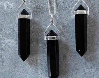 Black Onyx Pendant, Onyx Crystal Point Pendant, Healing Crystal, 925 Sterling Silver, Birthstone Pendant, Crystal Necklace, Pencil Pendant