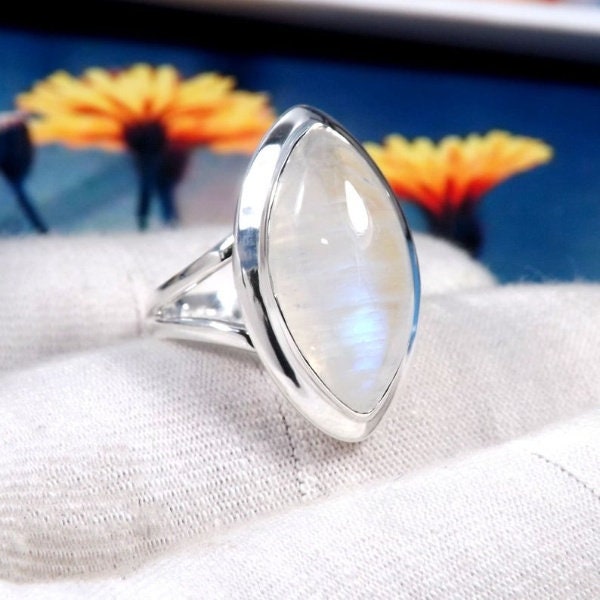 Rainbow Moonstone Ring, Marquise Ring, 925 Sterling Silver, Midi Ring, Everyday Ring, Birthstone Ring, Gift For Her, Moonstone Jewelry