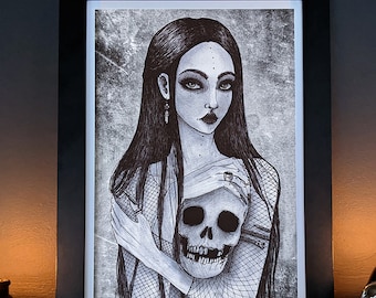 Kunstprint meisje met schedel: gotisch interieur