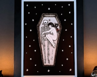 Girl and Skeleton Art Print: Gothic Memento Mori Illustration
