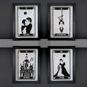 Tarot Original Art Prints Set, Gothic Home Decor, Goth Valentine, Gift Idea for Gothic Lovers, Black and White Wall Art, Art Print Bundle