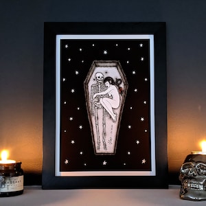 Sleep Original Art Print, Gothic Home Decor, Gift Ideas for Her, Girl and Skeleton Illustration, Death Wall Art, Dark Love, Memento Mori