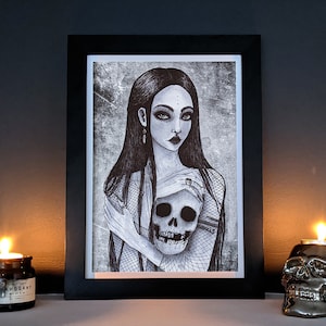 Girl with Skull | Original Fine Art Print, Gothic Home Decor, Goth Valentine Gift, Death Art, Memento Mori, Dark Illustration, Romantic Goth
