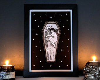Sleep Original Art Print, Gothic Home Decor, Gift Ideas for Her, Girl and Skeleton Illustration, Death Wall Art, Dark Love, Memento Mori