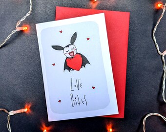 Love Bites, Gothic Valentine Greetings Card, Cute Bat