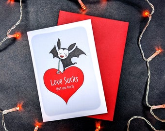 Love Sucks Gothic Greetings Card, Goth Valentine, Cute Bat
