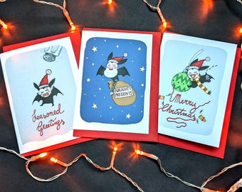 Set of 3 Cute Bat Greeting Cards, Gothic Christmas Bundle