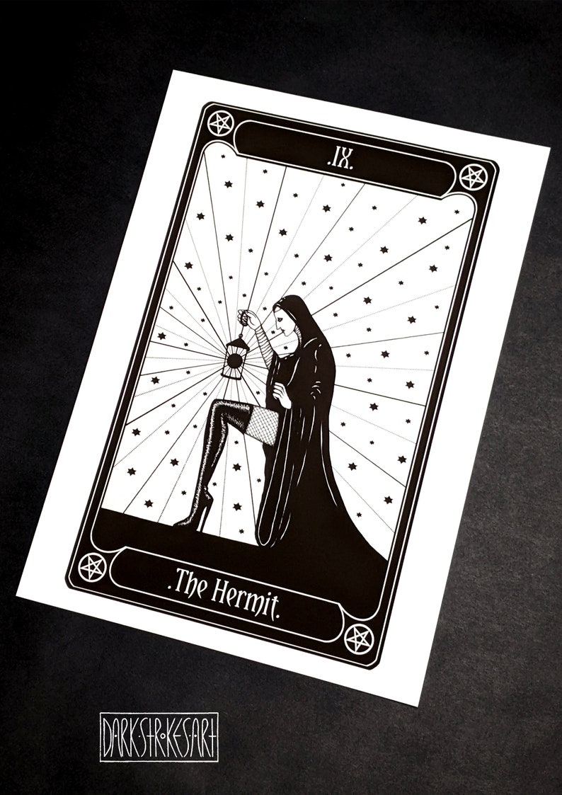 May include: Black and white tarot card illustration of The Hermit, a woman in a hooded robe holding a lantern, with a pentagram and the Roman numeral IX in the top corners.