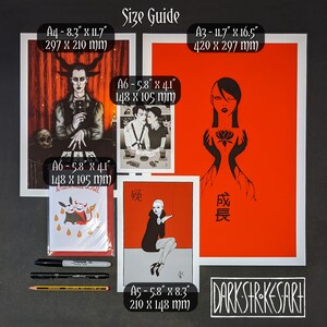 May include: Size guide for art prints with measurements in inches and millimeters. The prints feature various black and white illustrations on a red background. The prints are available in A3, A4, A5, and A6 sizes. The text "DARKSTREKSARH" is written in white on a black background.