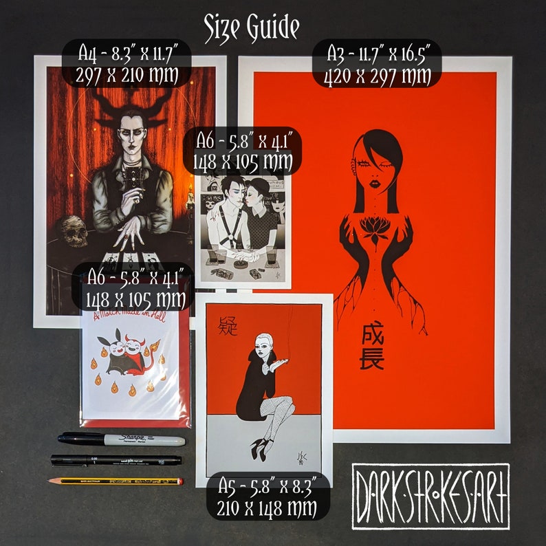 May include: Size guide for art prints with measurements in inches and millimeters. The prints feature various black and white illustrations on a red background. The prints are available in A3, A4, A5, and A6 sizes. The text "DARKSTREKSARH" is written in white on a black background.