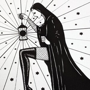 May include: Black and white illustration of a person in a long cloak holding a lantern. The person is kneeling with one leg extended and wearing a thigh-high boot. The background is a starry sky.