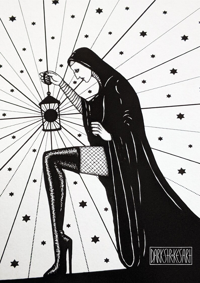 May include: Black and white illustration of a person in a long cloak holding a lantern. The person is kneeling with one leg extended and wearing a thigh-high boot. The background is a starry sky.
