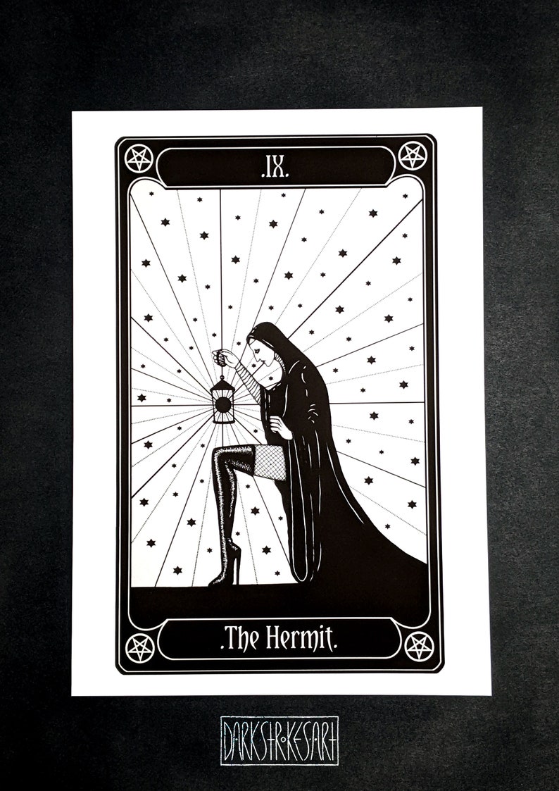 May include: Black and white illustration of The Hermit tarot card. The card features a woman in a hooded robe holding a lantern, kneeling in a field of stars. The card number, "IX", and the card name, "The Hermit", are written in a decorative font.