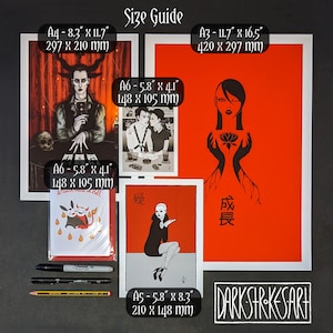 May include: Size guide for art prints with measurements in inches and millimetres. The prints feature various black and white illustrations on a red background. The prints are available in A3, A4, A5, and A6 sizes. The text "DARKSTREKSARH" is written in white on a black background.