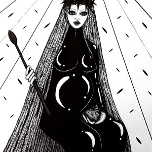 May include: Black and white illustration of a figure wearing a crown of thorns and a long, flowing veil. The figure is holding a spear and has a dark, mysterious expression.