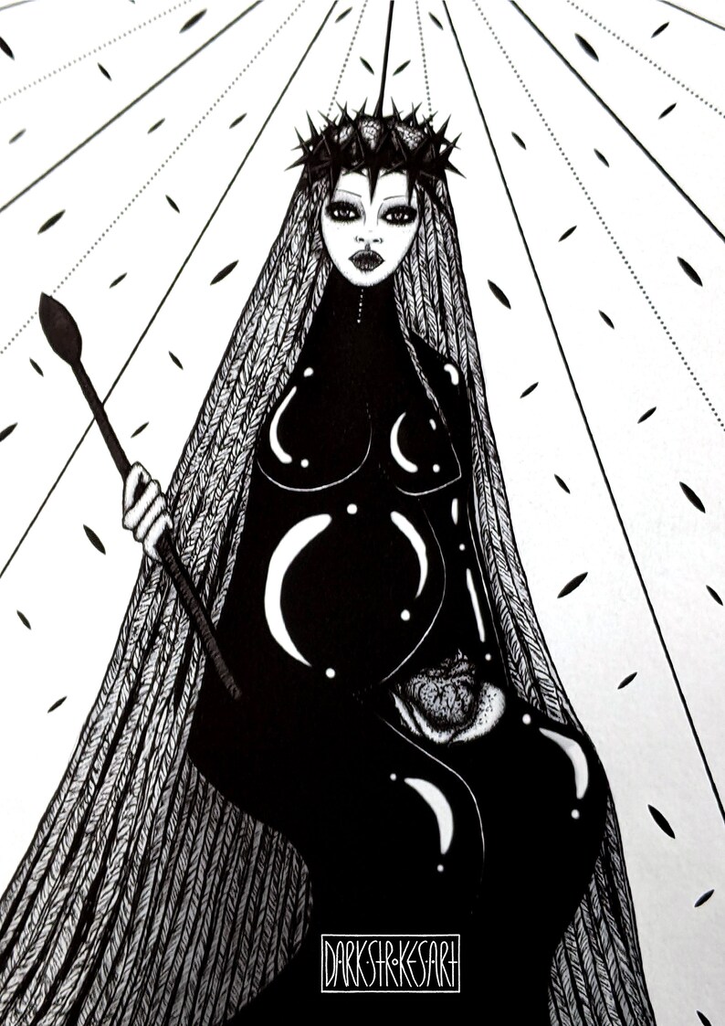 May include: Black and white illustration of a figure wearing a crown of thorns and a long, flowing veil. The figure is holding a spear and has a dark, mysterious expression.