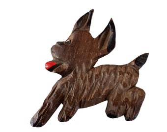 Vintage Wooden Dog Brooch carved little brown dog 1960s