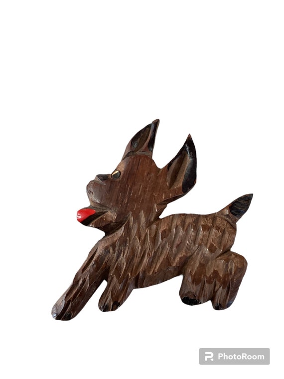 Vintage Wooden Dog Brooch carved little brown dog 