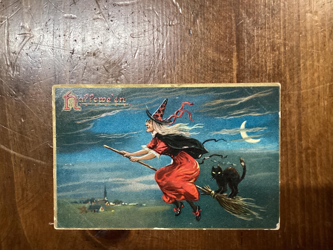 Witch & Black Cat on Broom Halloween Vintage Halloween Postcard 1909 - Etsy