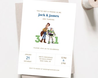 Toy Story Birthday, Toy Story Printable Birthday Invitation, Woody, Buzz, Boy Twins Birthday, Toy Story Party Invitation, Dual Birthday