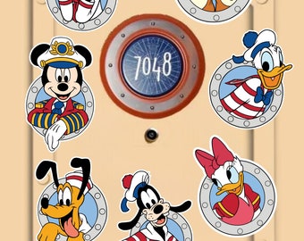 May include: A collection of Disney character stickers, including Mickey Mouse, Minnie Mouse, Donald Duck, Daisy Duck, Goofy, and Pluto, each framed in a porthole design. The central element is a circular window with the number 7048.