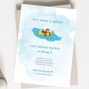 Curious George Party, Curious George Birthday Invitation, Splash Pad, Pool Party Invitation, Digital, Printable