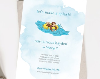 Op de afbeelding: Een blauwe en witte aquarel uitnodiging met een cartoon aap in een gele zwemband. De tekst luidt "let's make a splash! our curious hayden is turning 2! Saturday July 17, 2021 10:00 AM to 12:00 NOON Piedmont Park Splashpad 123 Main Street, Atlanta please rsvp by July 9th to curiousgeorge@gmail.com"