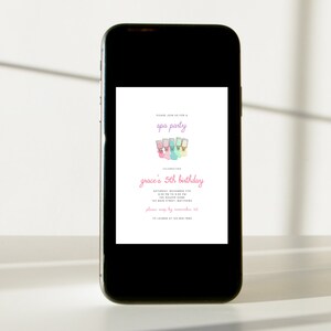May include: A pink and white invitation for a spa party celebrating a 5th birthday. The invitation features a graphic of colorful nail polish bottles. The text reads "Please join us for a spa party celebrating grace's 5th birthday. Saturday, November 12th, 4:30 PM to 6:00 PM, The Rouzer Home, 123 Main Street, Matthews. Please RSVP by November 1st to Lauren at 123-456-7890."