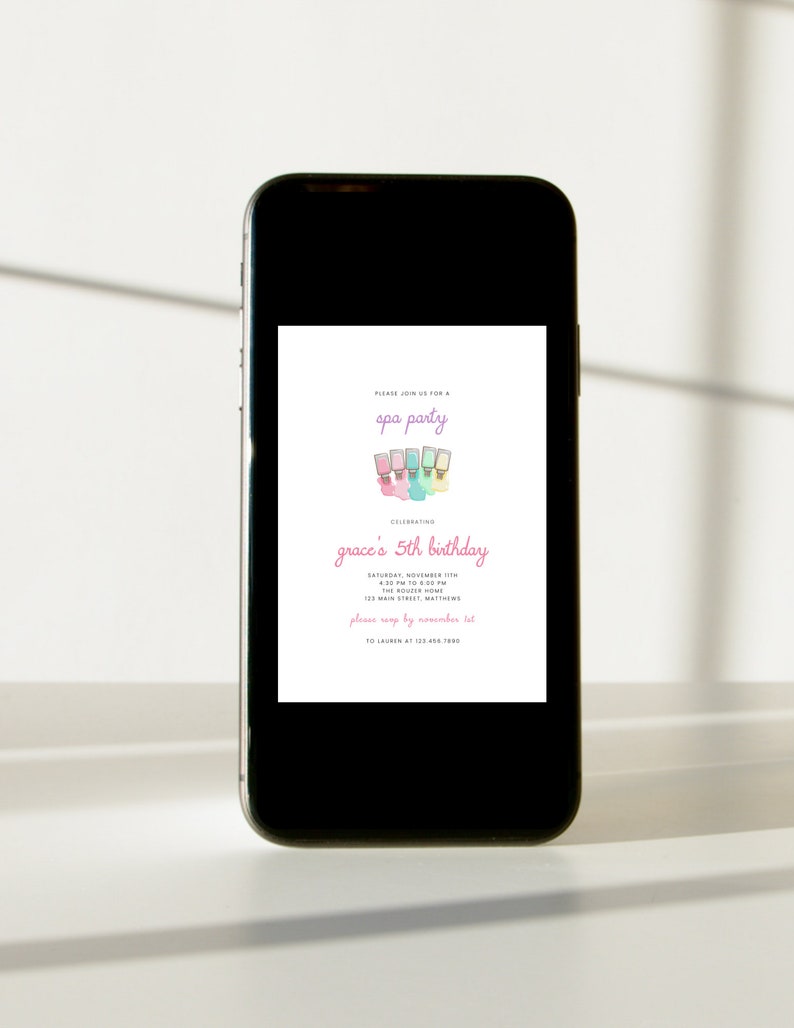 May include: A pink and white invitation for a spa party celebrating a 5th birthday. The invitation features a graphic of colorful nail polish bottles. The text reads "Please join us for a spa party celebrating grace's 5th birthday. Saturday, November 12th, 4:30 PM to 6:00 PM, The Rouzer Home, 123 Main Street, Matthews. Please RSVP by November 1st to Lauren at 123-456-7890."