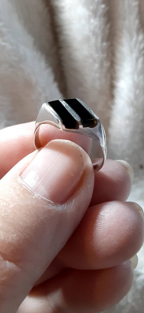 Vintage Sterling Black Onyx Panel Inlay Ring Unisex Gem
