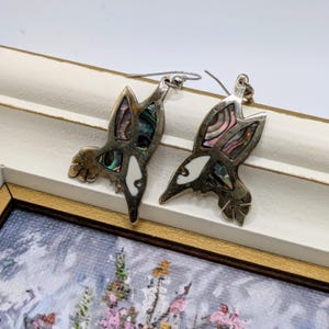Mexican Silver Hummingbird Earrings, silver dangling earrings, Alpaca silver, Abalone earrings, bird earrings