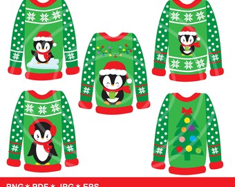 INSTANT Download. Ugly sweater with penguin clip art. Personal and commercial use.