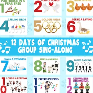 May include: A colorful graphic featuring illustrations for the song "12 Days of Christmas." Each panel displays a number and a corresponding image, such as a partridge in a pear tree, turtle doves, French hens, calling birds, golden rings, geese a laying, swans a swimming, maids a milking, ladies dancing, lords a leaping, pipers piping, and drummers drumming.