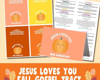 May include: A set of autumn-themed gospel tracts featuring a smiling orange pumpkin illustration and the text 'JESUS LOVES YOU SO MUCH!' The cards include religious verses and a salvation prayer printed in black text on peach, yellow, and orange backgrounds.