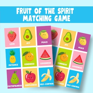 May include: A colorful "Fruit of the Spirit Matching Game" with illustrated fruits and words like "Love," "Joy," and "Peace." The game features strawberries, avocados, lemons, pineapples, oranges, watermelons, pears, apples, and bananas.