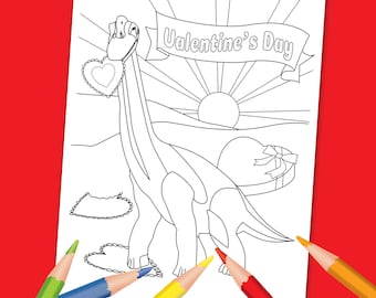 Dibujo para colorear Brontosaurio disfrutando del día de San Valentín. Página para colorear de dinosaurios. Descarga digital instantánea.