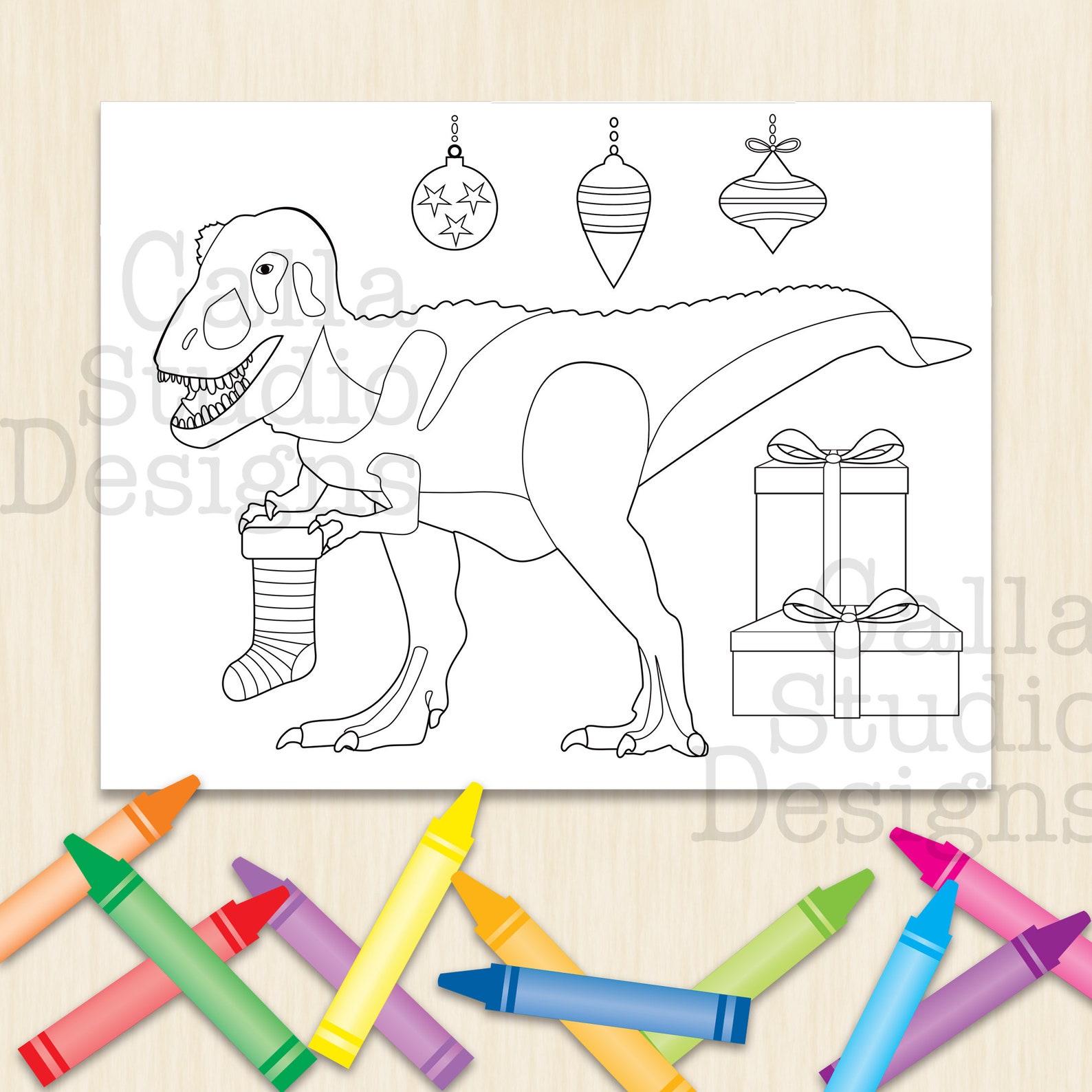 Happy T-rex Celebrating Christmas Coloring Page. Instant Digital ...