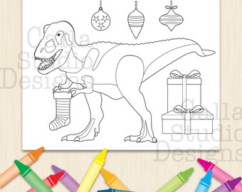 Dibujo para colorear de Feliz T-Rex celebrando la Navidad. Descarga digital instantánea. Paté para colorear de dinosaurios.